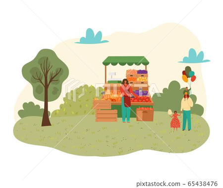 Summer park with food festival for family time concept isolated on white vector illustration. People sell food fruits from stalls in park. 65438476