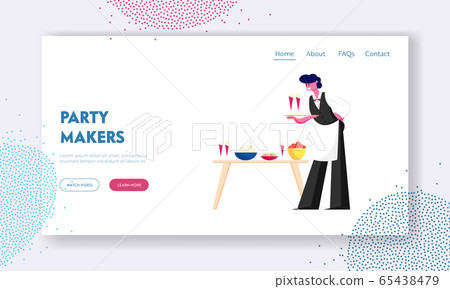 Waiter in Uniform Serving Guests Website Landing Page. Restaurant or Bar Staff Carrying Tray with Glasses of Red Wine 65438479