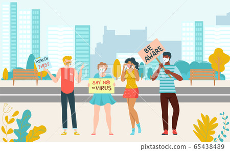 Protesting people rally for health crowd with placards, social rights demonstration, group of demonstrators flat vector illustration. 65438489