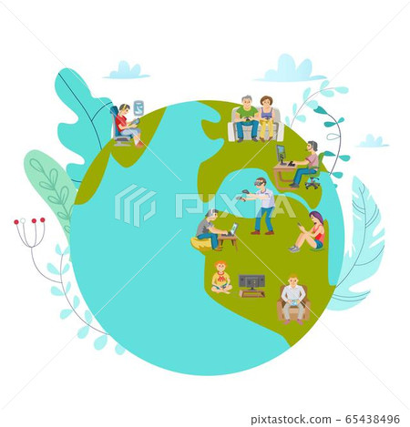 People play virtual games on mobile phones, tablets, playstations on Earth globe, playing on planet cartoon isolated vector illustration. 65438496