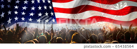 usa flag crowd and fireworks 4th of July 65438564