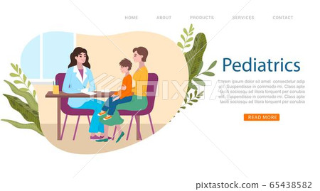 Kids pediatrician doctor web banner, little patient with mother at pediatrist medical consultation, medics cartoon vector illustration. 65438582