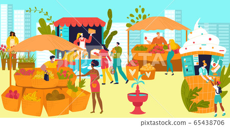 Market stalls with farmers selling vegetables and fruits, street food festival flat vector illustration. People sell food from kiosks, shops. Market stalls with farmers selling vegetables and fruits, street food festival flat vector illustration. People sell food from kiosks, shops. 65438706