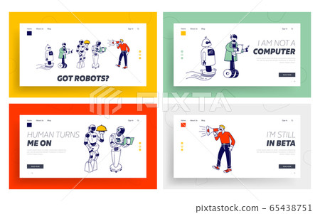 Chatbot Assistance, Human and People Interaction Website Landing Page Set. Cyborgs Waiter, Business Assistant Bot 65438751