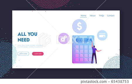 Man Take Money Credit at Micro Finance Organization or Bank Website Landing Page. Character Stand at Huge Calculator 65438753