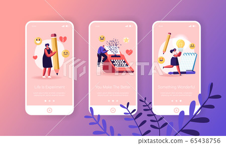 People Enjoying Writing Mobile App Page Onboard Screen Set. Characters Typing Books, Note Ideas on Paper 65438756