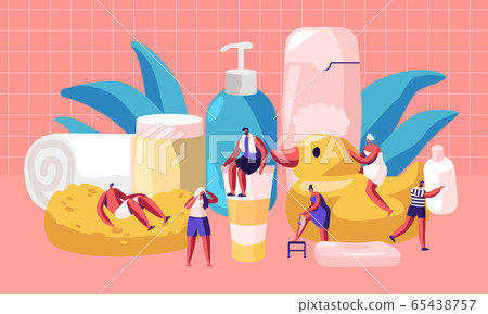 People in Bathroom Concept. Tiny Male and Female Characters Washing and Taking Bath among Huge Cosmetics Bottles Soap People in Bathroom Concept. Tiny Male and Female Characters Washing and Taking Bath among Huge Cosmetics Bottles Soap 65438757