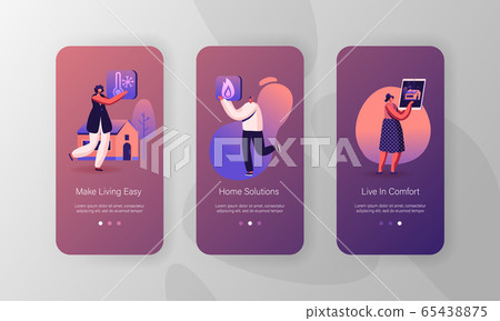 Smart House Mobile App Page Onboard Screen Set. People Using App for Centralized Control of Heating, Security Smart House Mobile App Page Onboard Screen Set. People Using App for Centralized Control of Heating, Security 65438875
