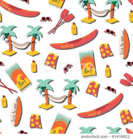 Beach day seamless vector pattern. Palm tree hammock, surfboard, canoe, boardshorts, beach towels 65439022