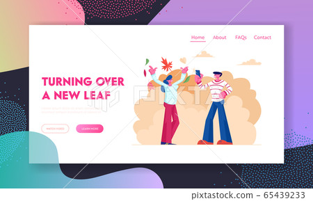 Happy Loving Couple Walking in Autumn Park Website Landing Page. Woman Throw Up Falling Leaves Man Photographing. Love Pair 65439233