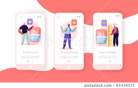 Positive and Negative Thinking Mobile App Page Onboard Screen. Pessimist and Optimist at Huge Half Full or Empty Glass 65439371