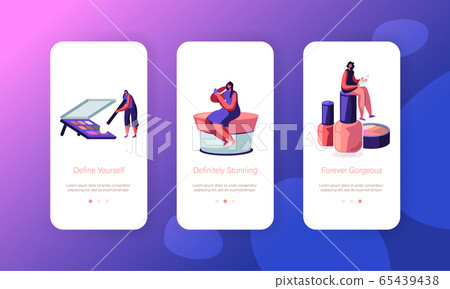 Make Up School Mobile App Page Onboard Screen Set. Women Use Cosmetics Testing Skin Care Products in Beauty Salon 65439438
