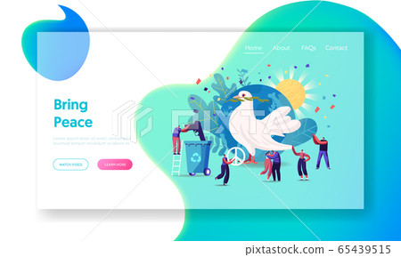 International Day of Peace Landing Page Template. Tiny Characters Hugging, Throw Out Gun to Litter Bin 65439515