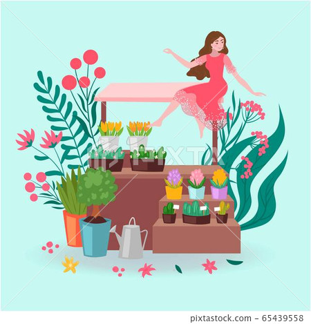 Florist girl with pots of flowers and plants, greenery, bouquets in floral shop, stall store market cartoon vector illustration. Florist girl with pots of flowers and plants, greenery, bouquets in floral shop, stall store market cartoon vector illustration. 65439558
