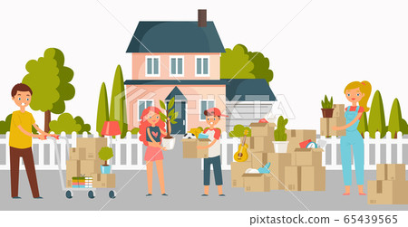 Moving new home, house or appartment people with cardboard boxes, young couple and shipping cargo delivery service workers flat illustration. 65439565