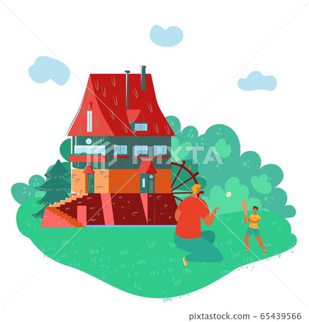Father and daughter playing near country house in forest landscape, lifestyle with kids flat vector illustration. Active family vacation. Father and daughter playing near country house in forest landscape, lifestyle with kids flat vector illustration. Active family vacation. 65439566