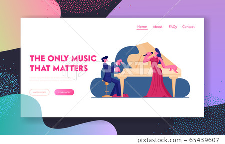 Opera Performance on Stage Website Landing Page. Pianist Playing Classic Music on Grand Piano for Woman Singer in Gown Singing Song with Microphone Web Page Banner. Cartoon Flat Vector Illustration Opera Performance on Stage Website Landing Page. Pianist Playing Classic Music on Grand Piano for Woman Singer in Gown Singing Song with Microphone Web Page Banner. Cartoon Flat Vector Illustration 65439607