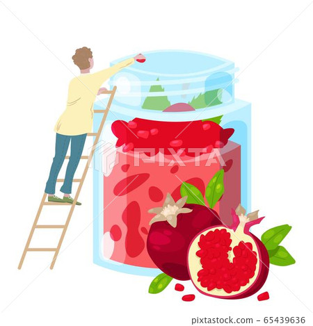Cooking healthy sweet smoothie juice from pomegranate fruit, diet fresh drink in glass jar and tiny man cartoon vector illustration. Cooking healthy sweet smoothie juice from pomegranate fruit, diet fresh drink in glass jar and tiny man cartoon vector illustration. 65439636