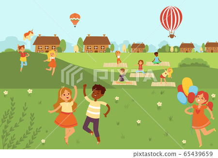 Kids jumping doing yoga activities and sports in nature outdoors flat vector illustration. Kids in country doing physical exercises. Kids jumping doing yoga activities and sports in nature outdoors flat vector illustration. Kids in country doing physical exercises. 65439659