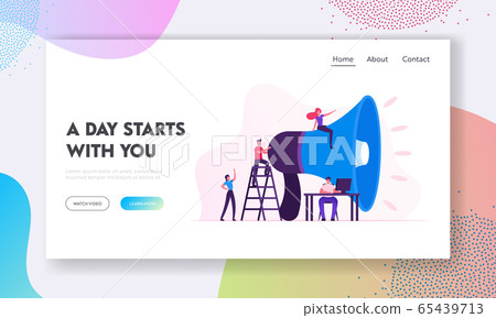 Social Marketing Website Landing Page. Characters Promoting in Social Networks Using Huge Megaphone. Public Relations and Affairs, Pr Communication Web Page Banner. Cartoon Flat Vector Illustration 65439713