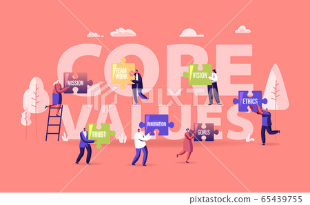 Core Values Concept. Tiny Male and Female Characters Businesspeople Holding Huge Puzzle Pieces with Basic Social 65439755