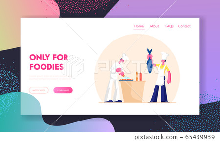 Restaurant Staff Characters Prepare Natural Food for Eating Website Landing Page. Man and Woman in Chef Aprons and Toques Cooking Fish on Kitchen Web Page Banner. Cartoon Flat Vector Illustration 65439939