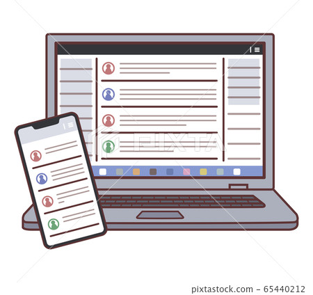 Illustration of laptop and smartphone (chat tool screen), main line available 65440212