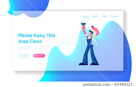 Cleaning Service Website Landing Page. Male Character Wearing Blue Overalls Hold Wiper and Water Sprayer for Window Wash Cleaning Service Website Landing Page. Male Character Wearing Blue Overalls Hold Wiper and Water Sprayer for Window Wash 65440221