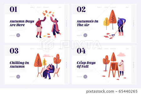 Fall Season Park Zone with People Website Landing Page Set. Large Public Garden in Autumn, Happy Citizen Enjoy Open Air Activities and Walk Recreation Web Page Banner. Cartoon Flat Vector Illustration 65440265