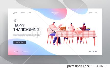 Happy Family Dad and Kids Thanksgiving Day Celebration Website Landing Page. Father Cut Roasted Turkey Sitting at Table 65440266