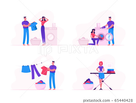 Household Activity Concept with Male and Female Characters Loading Dirty Clothes to Washing Machine, Ironing and Drying Linen Household Activity Concept with Male and Female Characters Loading Dirty Clothes to Washing Machine, Ironing and Drying Linen 65440428