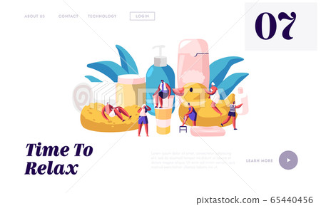 People in Bathroom Website Landing Page. Tiny Male and Female Characters Washing and Taking Bath among Huge Cosmetics Bottles 65440456
