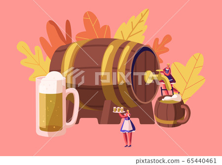 Oktoberfest Bavarian Festival Concept with Miniature Female Characters Waitress Wearing Traditional German Costume Dirndl Pouring Beer from Huge Wooden Barrel to Mugs. Cartoon Flat Vector Illustration Oktoberfest Bavarian Festival Concept with Miniature Female Characters Waitress Wearing Traditional German Costume Dirndl Pouring Beer from Huge Wooden Barrel to Mugs. Cartoon Flat Vector Illustration 65440461