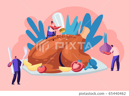 Happy Male and Female Characters Cooking Huge Thanksgiving Turkey Flavoring with Vegetables, Spices and Salt. Men and Women Happy Male and Female Characters Cooking Huge Thanksgiving Turkey Flavoring with Vegetables, Spices and Salt. Men and Women 65440462
