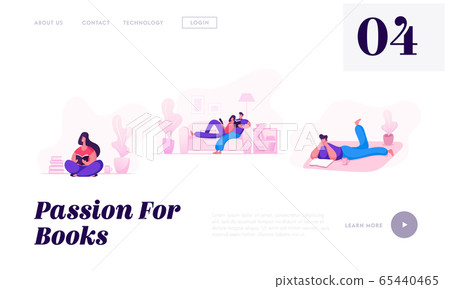 People Weekend Sparetime at Home Website Landing Page. Male Female Characters Spend Leisure Time Reading Books Together 65440465