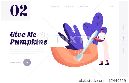 Woman Prepare Home Food Website Landing Page. Tiny Female Character Delete Seeds with Spoon from Ripe Pumpkin Slice Woman Prepare Home Food Website Landing Page. Tiny Female Character Delete Seeds with Spoon from Ripe Pumpkin Slice 65440529