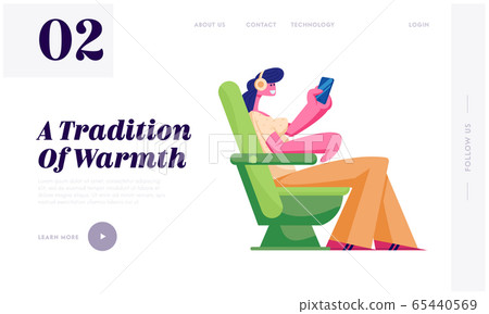 Airline Transportation Service Website Landing Page. Young Woman Traveling by Airplane, Listening Music Sitting at Chair 65440569