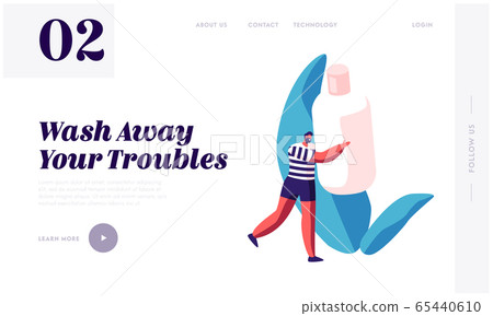 Everyday Routine and Bathing Website Landing Page. Tiny Male Character Carry Huge Cosmetics Bottle with Shampoo or Cream 65440610