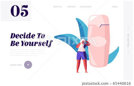 Bathing Hygiene Procedures Website Landing Page. Tiny Female Character Dry Hair with Towel after Washing Stand at Huge Shampoo 65440616