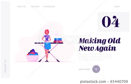 Housewife Ironing Clear Linen at Home Website Landing Page. Woman Domestic Routine, Iron Clothes on Board Housewife Ironing Clear Linen at Home Website Landing Page. Woman Domestic Routine, Iron Clothes on Board 65440709