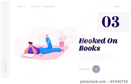 Education or Reading Hobby Website Landing Page. Man Lying on Floor with Cup of Tea Read Book. Student Prepare to Exam Education or Reading Hobby Website Landing Page. Man Lying on Floor with Cup of Tea Read Book. Student Prepare to Exam 65440750