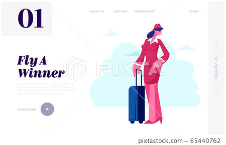 Air Hostess Website Landing Page. Stewardess Flight Attendant Girl in Red Uniform Holding Suitcase Prepare to Flight by Airplane 65440762