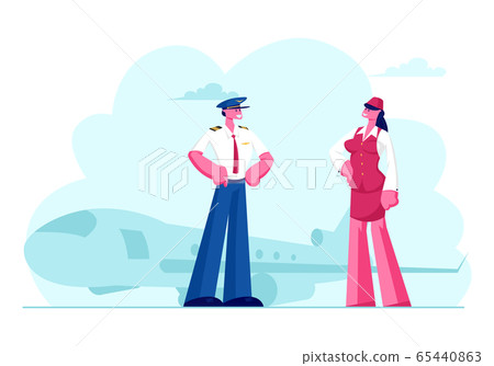 Aviation Aircrew Characters Pilot with Arms Akimbo and Stewardess Wearing Uniform Posing on Airport with Flying Jet Plane Aviation Aircrew Characters Pilot with Arms Akimbo and Stewardess Wearing Uniform Posing on Airport with Flying Jet Plane 65440863