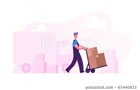 Relocation and Moving into New House Concept. Worker Wearing Uniform Pushing Trolley with Cardboard Boxes Unloading Truck Relocation and Moving into New House Concept. Worker Wearing Uniform Pushing Trolley with Cardboard Boxes Unloading Truck 65440933