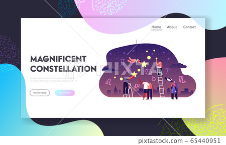 People Look at Stars and Constellations Website Landing Page. Astrologer Watching at Night Starry Sky through Telescope 65440951