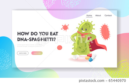 Epidemic Disease and Vaccination Website Landing Page. Huge Green Microbe in Red Super Hero Cloak Stand with Arms Akimbo 65440970