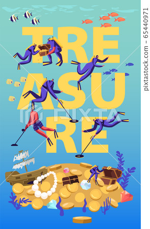 Divers Search and Found Treasures on Sandy Ocean Bottom Concept. People in Diving Suits with Metal Detectors Exploring Underwater Space Poster Banner Flyer Brochure. Cartoon Flat Vector Illustration 65440971