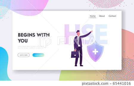 Health Safety Environment Industrial Website Landing Page. Industry Officer in Formal Suit Checking Hse Rules on Factory 65441016