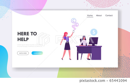 Swift Website Landing Page. Businesswoman Sitting at Desk with Pc, Woman Using Smartphone 65441094