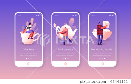 Tea Party Mobile App Page Onboard Screen Set. Tiny Men Women Characters Prepare to Drink Tea with Sugar. Hot Beverage for Cold Season Concept for Website or Web Page, Cartoon Flat Vector Illustration Tea Party Mobile App Page Onboard Screen Set. Tiny Men Women Characters Prepare to Drink Tea with Sugar. Hot Beverage for Cold Season Concept for Website or Web Page, Cartoon Flat Vector Illustration 65441121